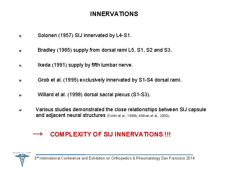 INNERVATIONS Solonen (1957) SIJ innervated by L 4 -S 1. Bradley (1985) supply from