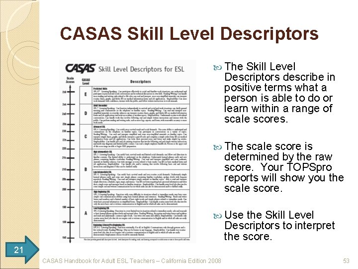 CASAS Skill Level Descriptors The Skill Level Descriptors describe in positive terms what a