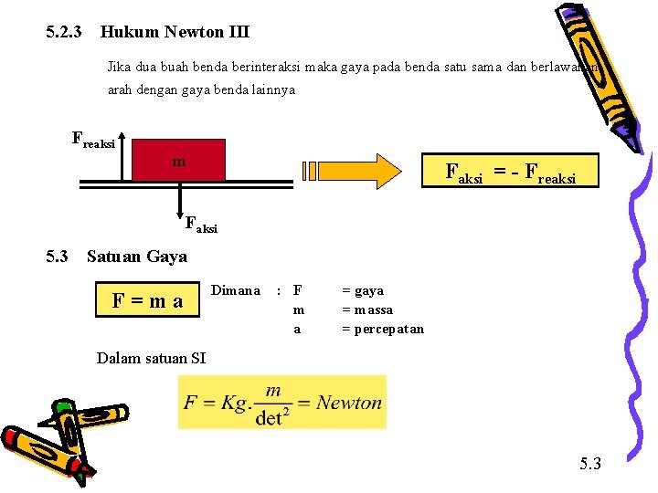 5. 2. 3 Hukum Newton III Jika dua buah benda berinteraksi maka gaya pada