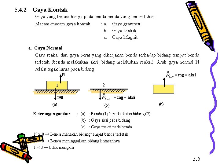 5. 4. 2 Gaya Kontak Gaya yang terjadi hanya pada benda-benda yang bersentuhan Macam-macam