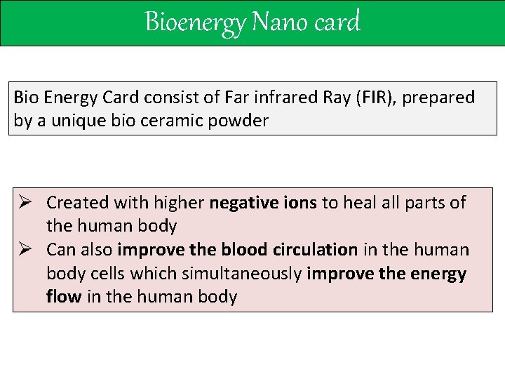 Bioenergy Nano card Bio Energy Card consist of Far infrared Ray (FIR), prepared by