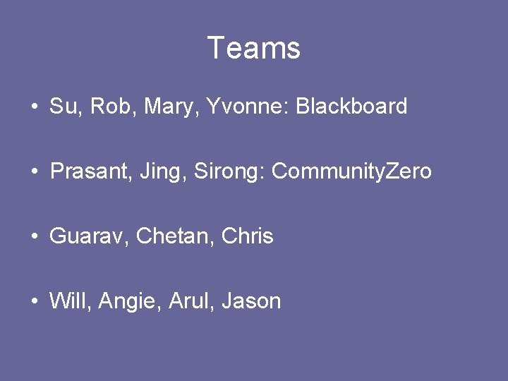 Teams • Su, Rob, Mary, Yvonne: Blackboard • Prasant, Jing, Sirong: Community. Zero •