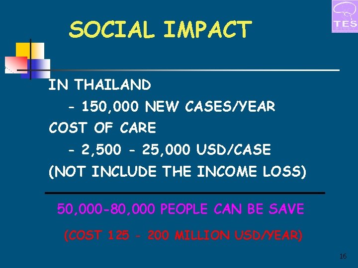 SOCIAL IMPACT IN THAILAND - 150, 000 NEW CASES/YEAR COST OF CARE - 2,