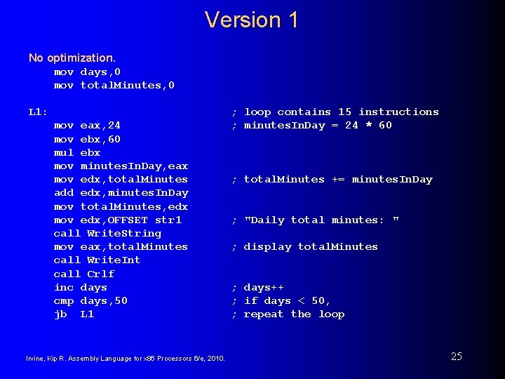 Version 1 No optimization. mov days, 0 mov total. Minutes, 0 L 1: mov Version 1 No optimization. mov days, 0 mov total. Minutes, 0 L 1: mov