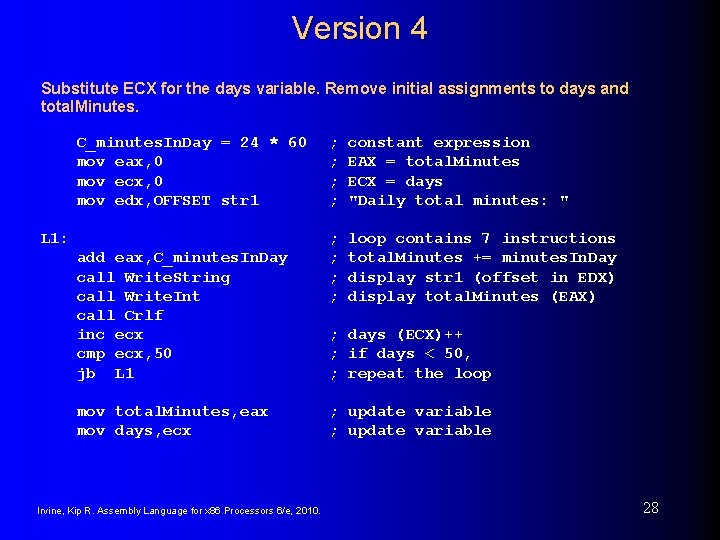 Version 4 Substitute ECX for the days variable. Remove initial assignments to days and Version 4 Substitute ECX for the days variable. Remove initial assignments to days and