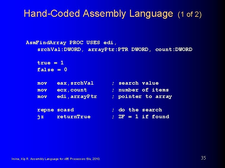 Hand-Coded Assembly Language (1 of 2) Asm. Find. Array PROC USES edi, srch. Val: Hand-Coded Assembly Language (1 of 2) Asm. Find. Array PROC USES edi, srch. Val: