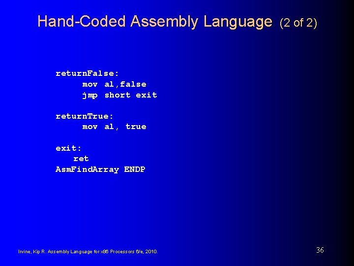 Hand-Coded Assembly Language (2 of 2) return. False: mov al, false jmp short exit Hand-Coded Assembly Language (2 of 2) return. False: mov al, false jmp short exit