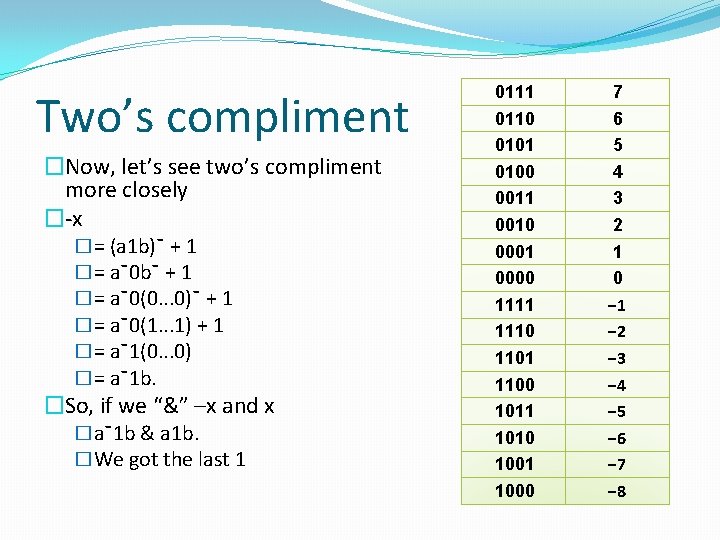 Two’s compliment �Now, let’s see two’s compliment more closely �-x �= (a 1 b)¯