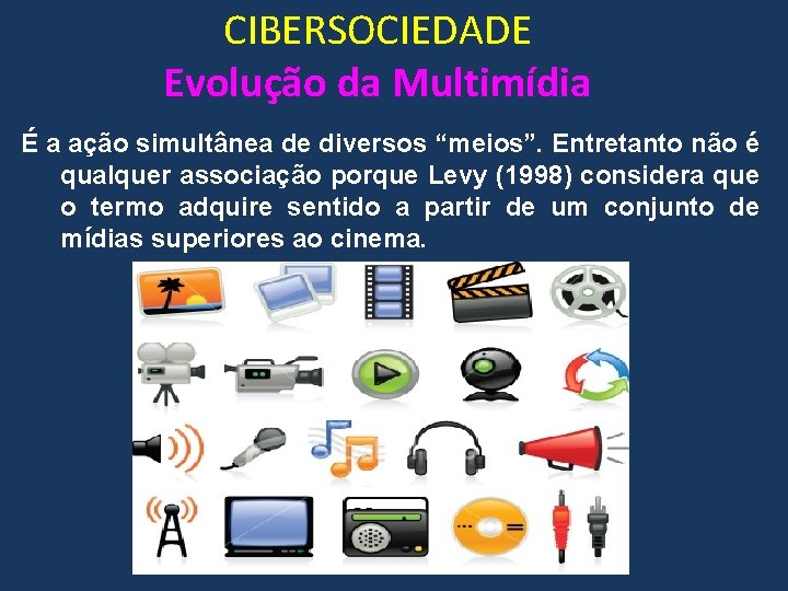 CIBERSOCIEDADE Evolução da Multimídia É a ação simultânea de diversos “meios”. Entretanto não é