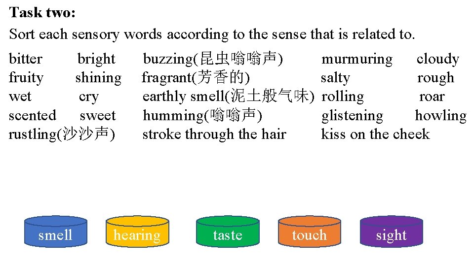 Task two: Sort each sensory words according to the sense that is related to.