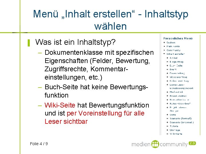 Menü „Inhalt erstellen“ - Inhaltstyp wählen ▌ Was ist ein Inhaltstyp? – Dokumentenklasse mit