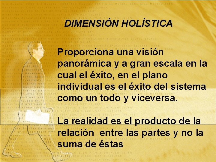 DIMENSIÓN HOLÍSTICA Proporciona una visión panorámica y a gran escala en la cual el