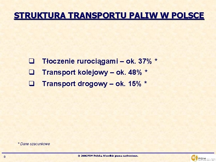 STRUKTURA TRANSPORTU PALIW W POLSCE q Tłoczenie rurociągami – ok. 37% * q Transport