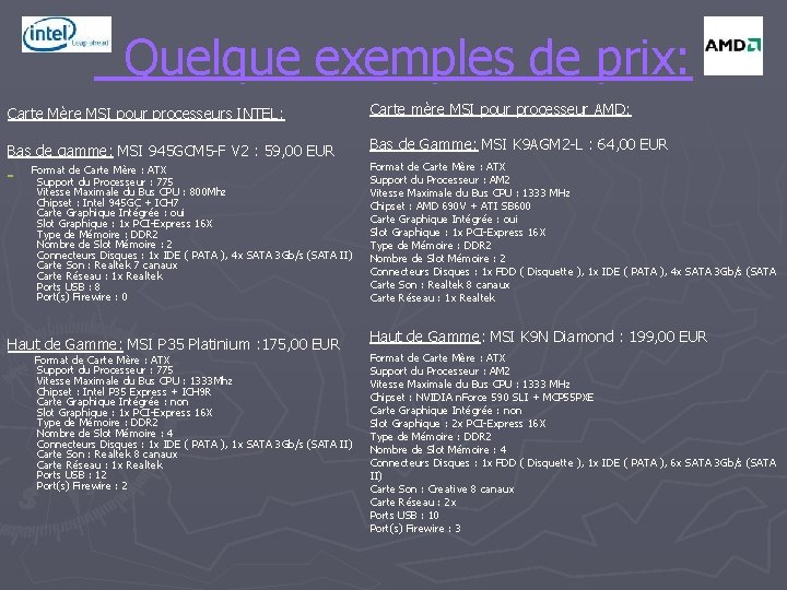  Quelque exemples de prix: Carte Mère MSI pour processeurs INTEL: Bas de gamme: