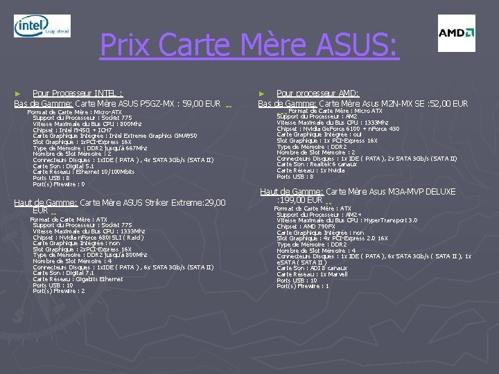 Prix Carte Mère ASUS: Pour Processeur INTEL : Bas de Gamme: Carte Mère ASUS