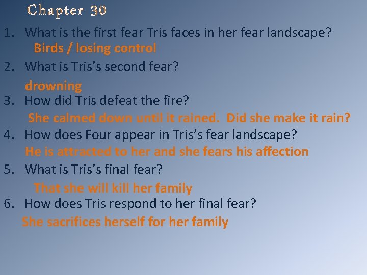 Chapter 30 1. What is the first fear Tris faces in her fear landscape?