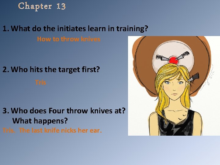 Chapter 13 1. What do the initiates learn in training? How to throw knives