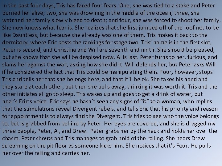 In the past four days, Tris has faced four fears. One, she was tied