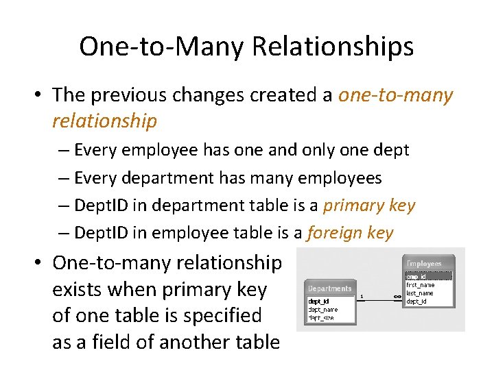 One-to-Many Relationships • The previous changes created a one-to-many relationship – Every employee has One-to-Many Relationships • The previous changes created a one-to-many relationship – Every employee has