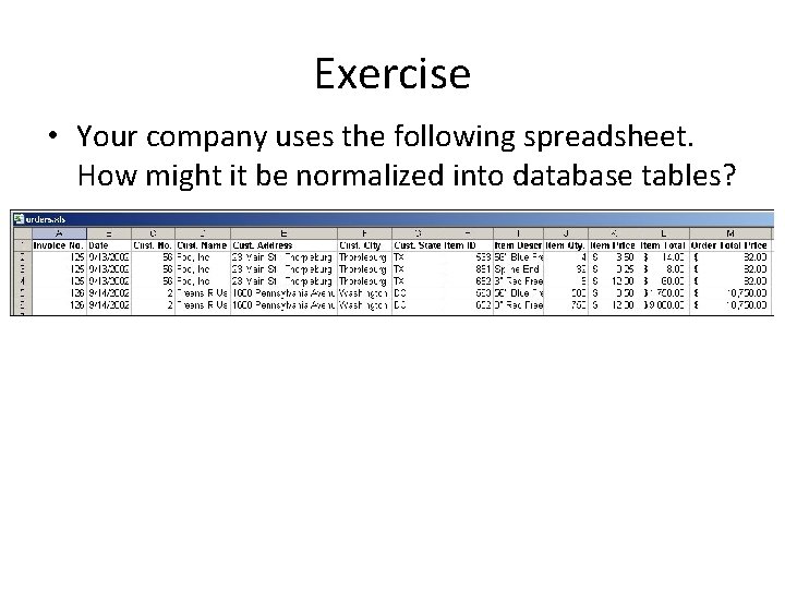 Exercise • Your company uses the following spreadsheet. How might it be normalized into Exercise • Your company uses the following spreadsheet. How might it be normalized into
