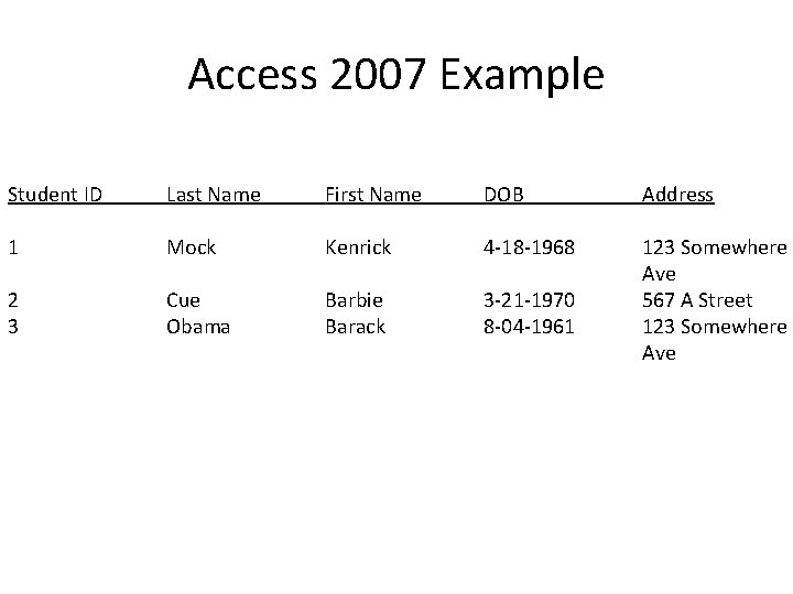 Access 2007 Example Student ID Last Name First Name DOB Address 1 Mock Kenrick Access 2007 Example Student ID Last Name First Name DOB Address 1 Mock Kenrick