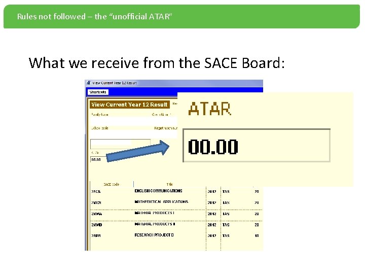 Rules not followed – the “unofficial ATAR” What we receive from the SACE Board: