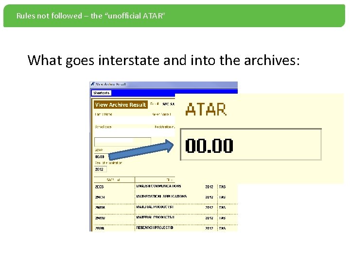 Rules not followed – the “unofficial ATAR” What goes interstate and into the archives: