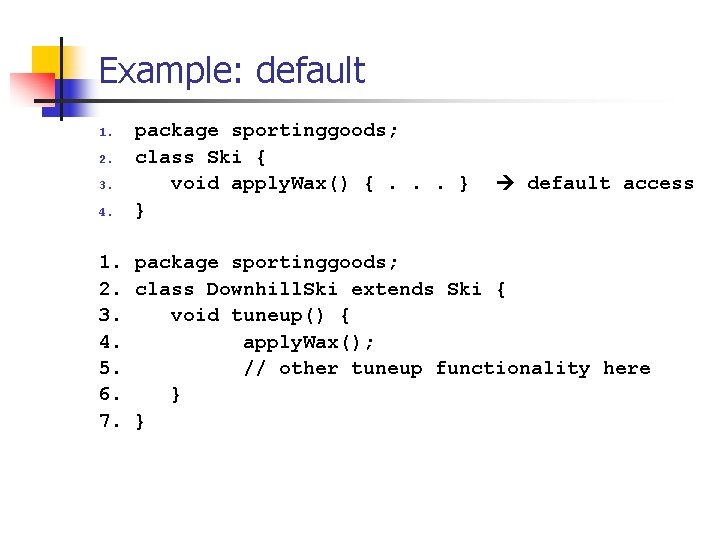 Example: default 1. 2. 3. 4. package sportinggoods; class Ski { void apply. Wax()