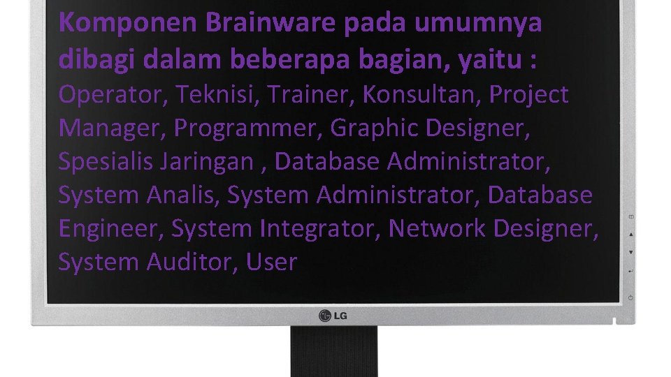 Komponen Brainware pada umumnya dibagi dalam beberapa bagian, yaitu : Operator, Teknisi, Trainer, Konsultan,