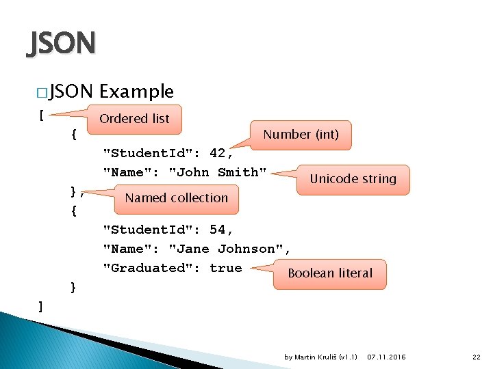JSON � JSON Example [ Ordered list { Number (int) "Student. Id": 42, "Name":