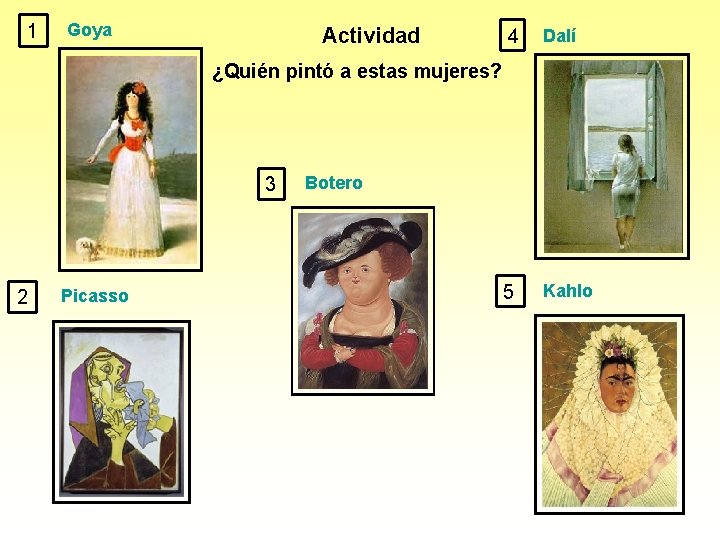 1 Goya Actividad 4 Dalí 5 Kahlo ¿Quién pintó a estas mujeres? 3 2