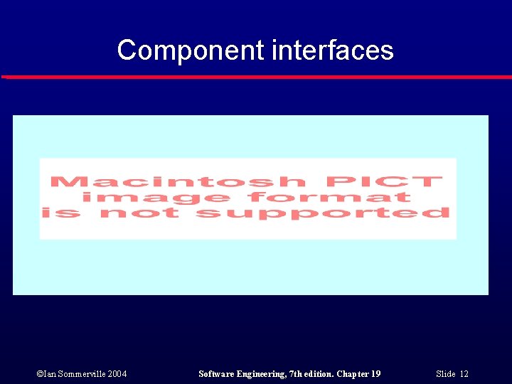 Component interfaces ©Ian Sommerville 2004 Software Engineering, 7 th edition. Chapter 19 Slide 12