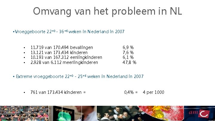 Omvang van het probleem in NL • Vroeggeboorte 22+0 - 36+6 weken in Nederland