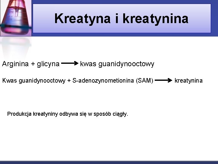 Kreatyna i kreatynina Arginina + glicyna kwas guanidynooctowy Kwas guanidynooctowy + S-adenozynometionina (SAM) Produkcja