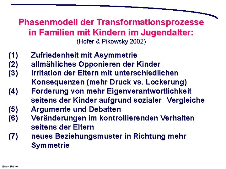 Phasenmodell der Transformationsprozesse in Familien mit Kindern im Jugendalter: (Hofer & Pikowsky 2002) (1)
