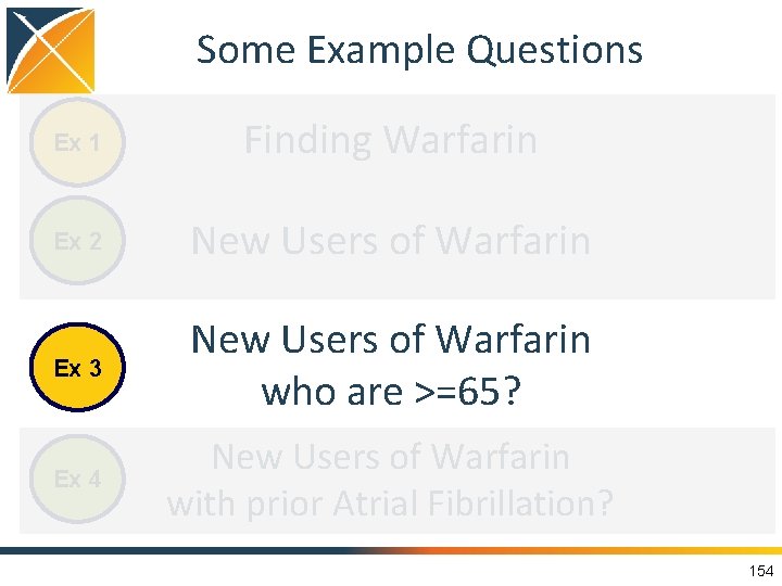 Some Example Questions Ex 1 Finding Warfarin Ex 2 New Users of Warfarin Ex