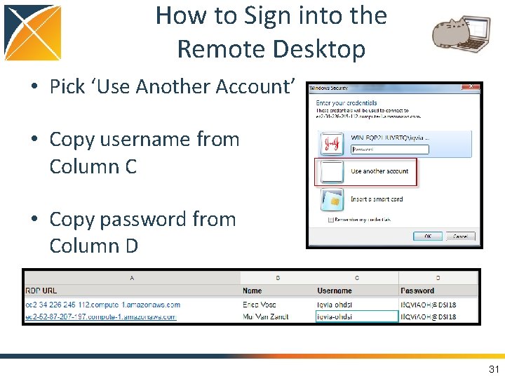 How to Sign into the Remote Desktop • Pick ‘Use Another Account’ • Copy
