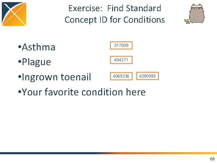 Exercise: Find Standard Concept ID for Conditions • Asthma • Plague • Ingrown toenail