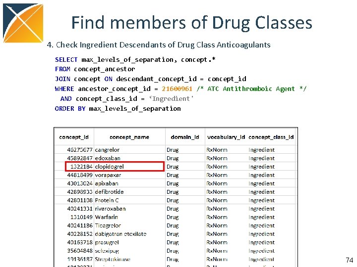 Find members of Drug Classes 4. Check Ingredient Descendants of Drug Class Anticoagulants SELECT