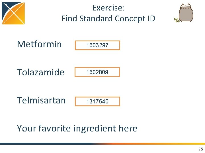 Exercise: Find Standard Concept ID Metformin 1503297 Tolazamide 1502809 Telmisartan 1317640 Your favorite ingredient