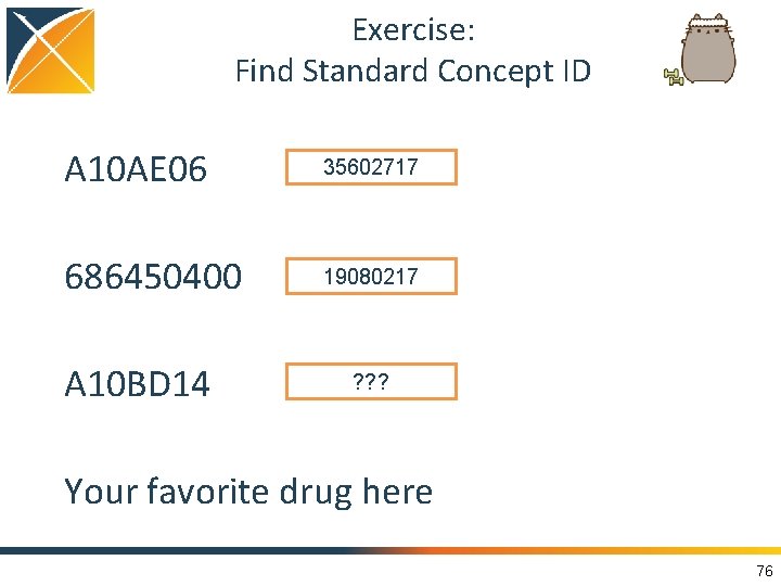 Exercise: Find Standard Concept ID A 10 AE 06 35602717 686450400 19080217 A 10
