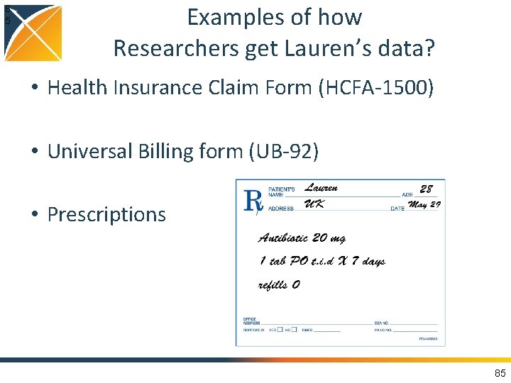 8 5 Examples of how Researchers get Lauren’s data? • Health Insurance Claim Form