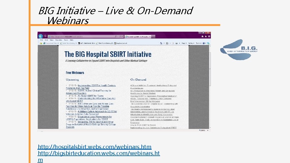 BIG Initiative – Live & On-Demand Webinars http: //hospitalsbirt. webs. com/webinars. htm http: //bigsbirteducation.