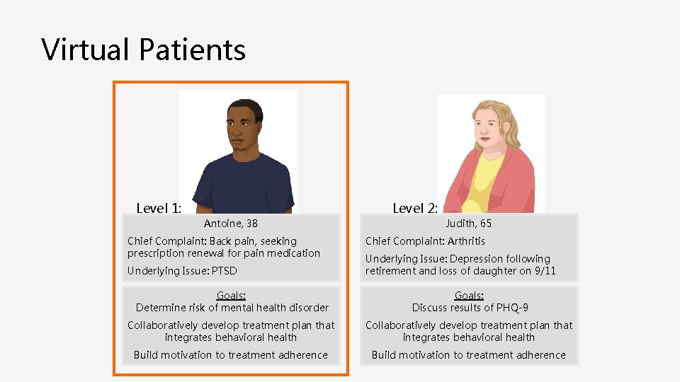 Virtual Patients Level 1: Level 2: Antoine, 38 Chief Complaint: Back pain, seeking prescription