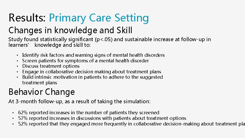 Results: Primary Care Setting Changes in knowledge and Skill Study found statistically significant (p<.