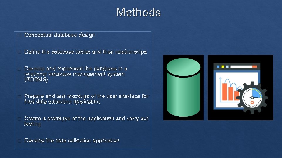 Methods � Conceptual database design � Define the database tables and their relationships �
