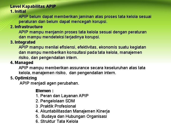 Level Kapabilitas APIP 1. Initial APIP belum dapat memberikan jaminan atas proses tata kelola