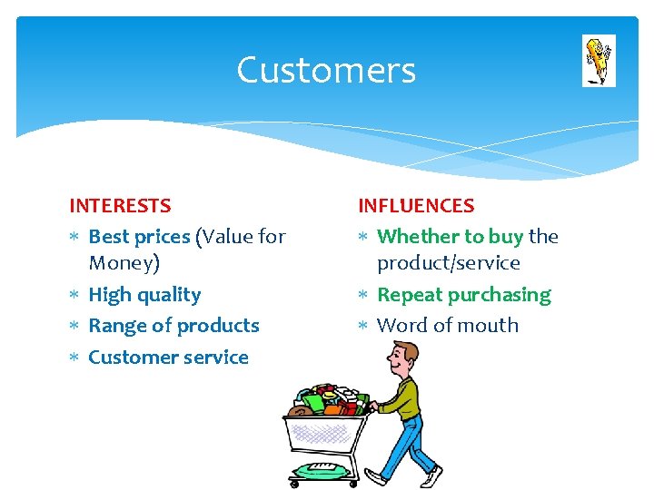 Customers INTERESTS Best prices (Value for Money) High quality Range of products Customer service