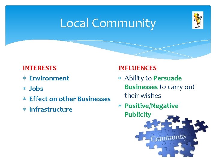 Local Community INTERESTS Environment Jobs Effect on other Businesses Infrastructure INFLUENCES Ability to Persuade