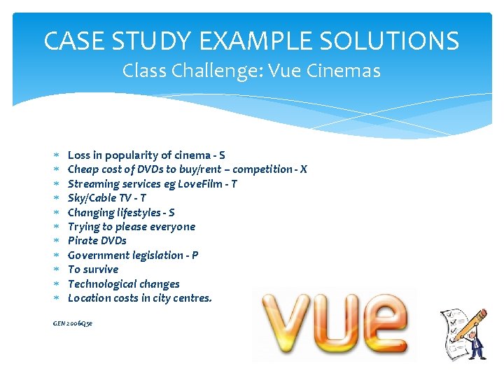 CASE STUDY EXAMPLE SOLUTIONS Class Challenge: Vue Cinemas Loss in popularity of cinema -